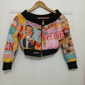 Shay kawaii womens small cropped newspaper printed jacket pink art wear silk
